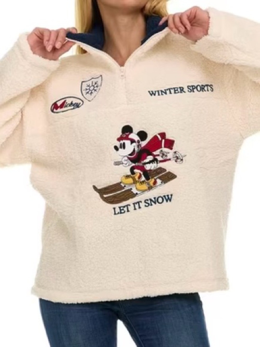 XXL Disney Jacket Women’s White Sherpa Fleece Pullover 1/4 Zip Mickey Mouse Wint
